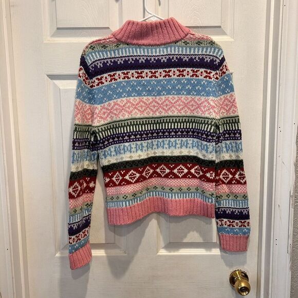 So Fair Isle Cardigan Ski Sweater Large Juniors Zip Front Pink Colorful Y2k - Picture 5 of 8